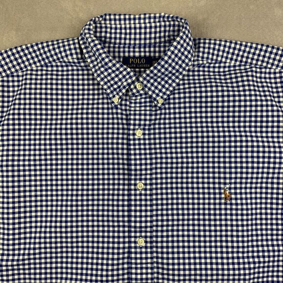 Ralph Lauren Polo Mens Shirt 2XLT Blue White Check Plaid Button Up Flesh Pony - Picture 2 of 8